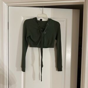 The Classic Forest Green Lace-Up Ribbed Crop Top - Small - Used